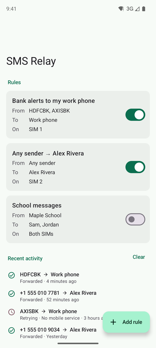 SMS Relay home screen showing three forwarding rules