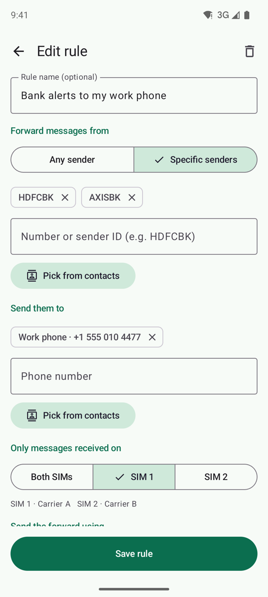 Rule editor with specific senders
